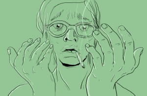 Illustration of a man staring at his own hands, joint in his mouth, with a look of fear and dismay