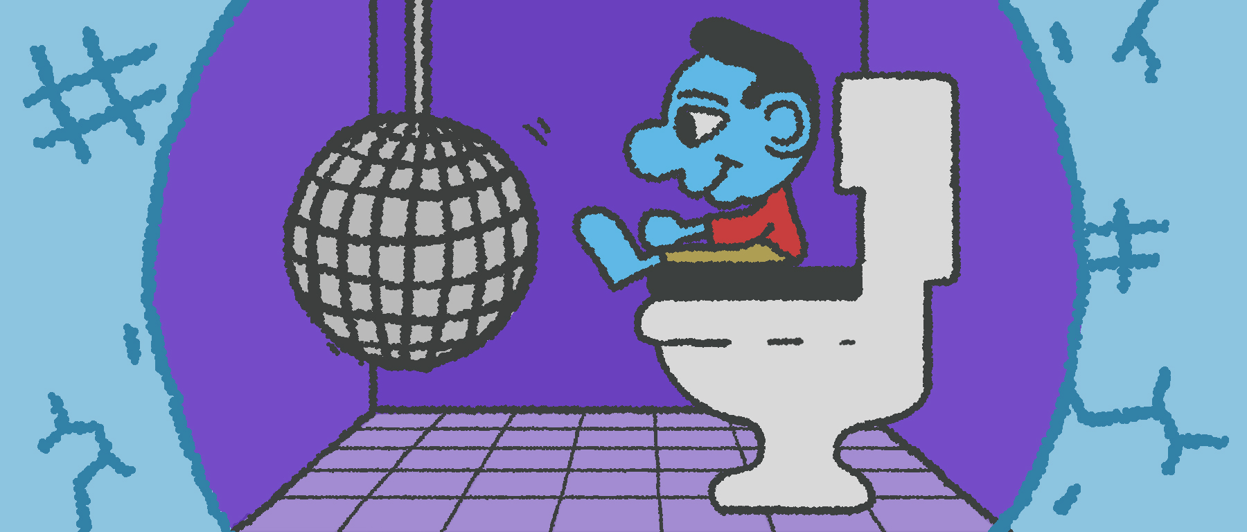 Illustartion einer Person, die im Club auf der Toilette scheißt.