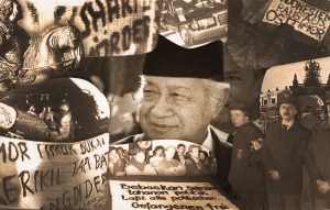 Kolase foto oleh Dicho Rivan. Arsip foto Demonstrasi Dresden bersumber dari Watch Indonesia. Foto Suharto oleh Patrick de Noirmont/Reuters.
