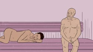 Illustratie van naakte man en vrouw in een sauna