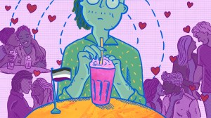 O persoană asexuala care bea un smoothie