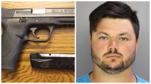 Left Image: A .40 caliber pistol. Photo via Wikimedia Commons. Right: Convicted shooter David Desper. (West Goshen Police Department via AP)