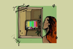 ​women looking at television in mirror