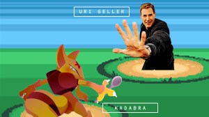 Kollage: Mentalist Uri Geller kämpft gegen das Pokémon Kadabra in einem stilisierten Kampf-Bildschirm, der von den Pokémon-Spielen inspiriert ist