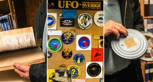 Foton på en man som bläddrar i en bok, en anslagstavla med tygmärken från ufo-föreningar i Sverige och en man som håller i en gammal filmrulle.