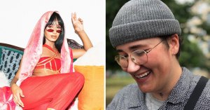 Anira orlando i rødt mavedansersæt og Alfie Beier i briller og grå hue