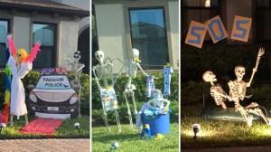 Bill y Bob cambian diariamente las decoraciones de los esqueletos. Fotos cortesía del usuario de Twitter @sami_grayce.