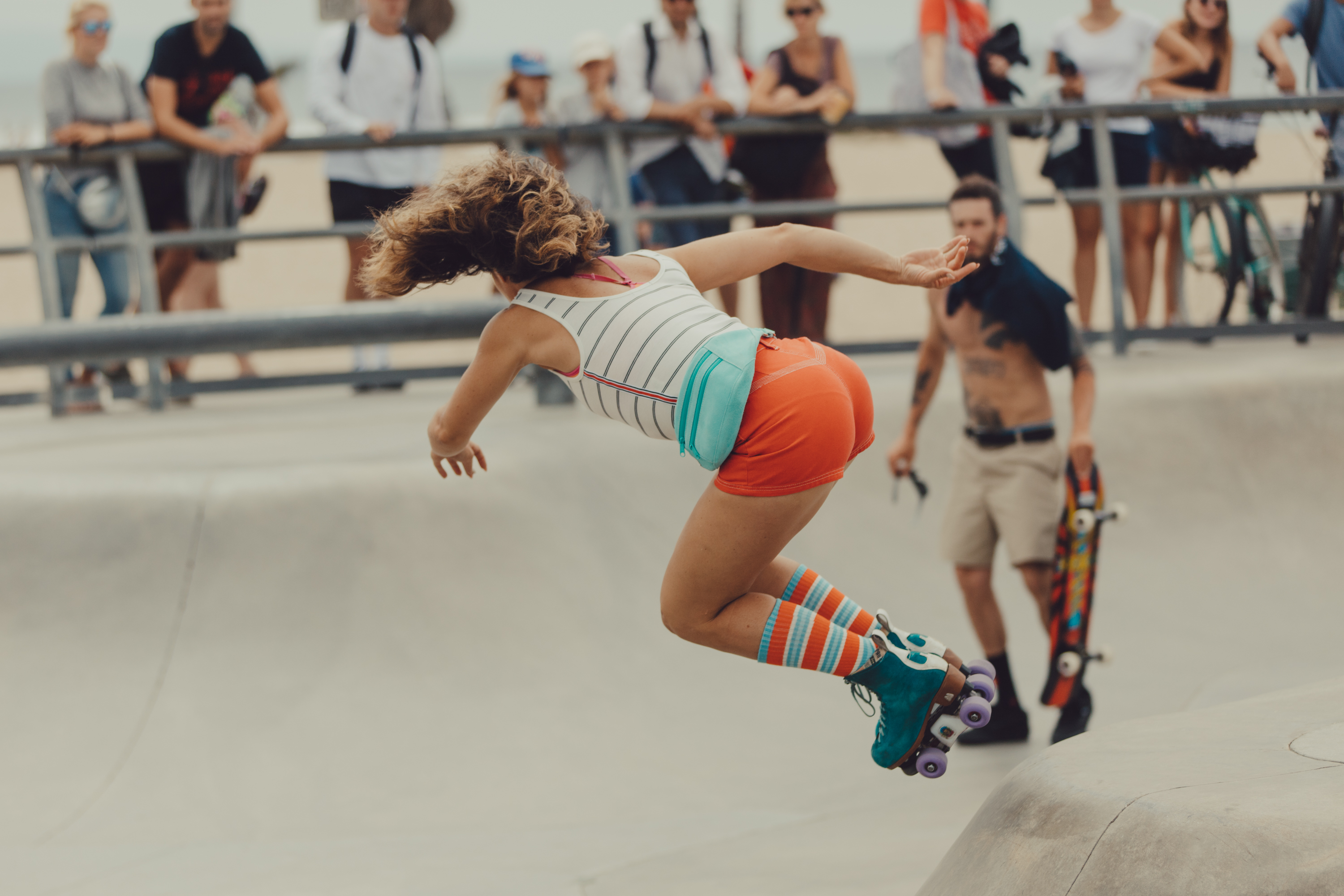 Michelle dropping in the skate bowl