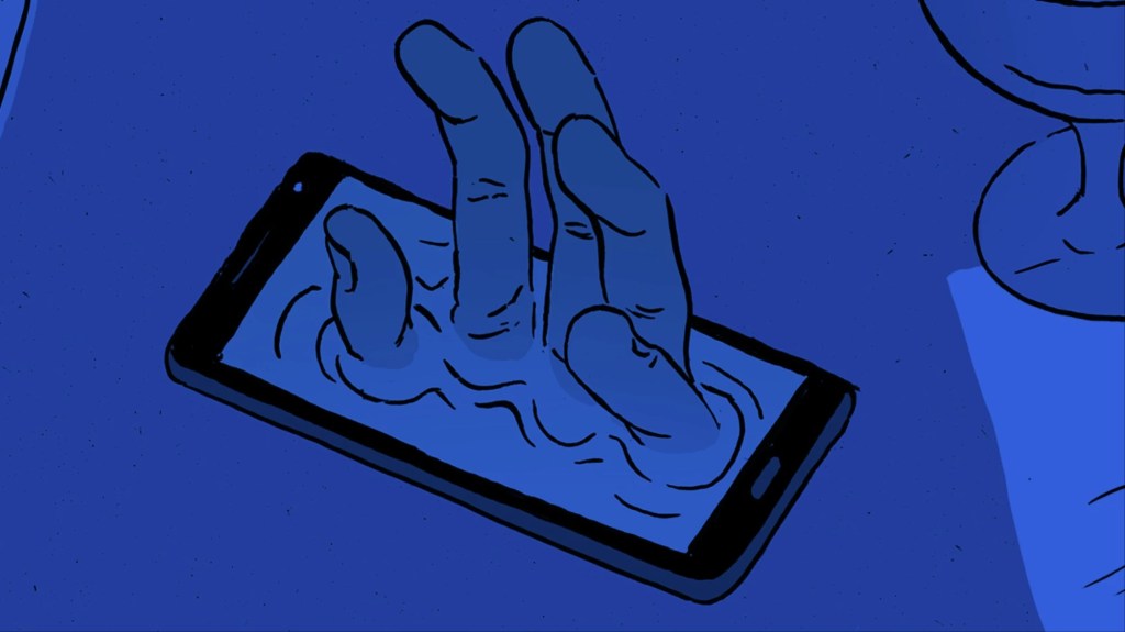 A stalker's hand reaching out from a phone