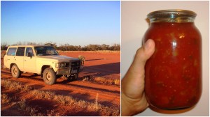 Car in the outback and jar of pasta sauce