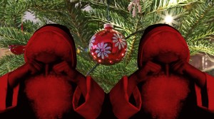 Zwei weinende Weihnachtsmänner vor einem Tannenbaum