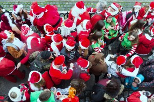 Overhead shot of SantaCon revelers