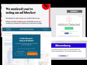 Screengrabs van meerdere websites die een adblocker niet blokkeert