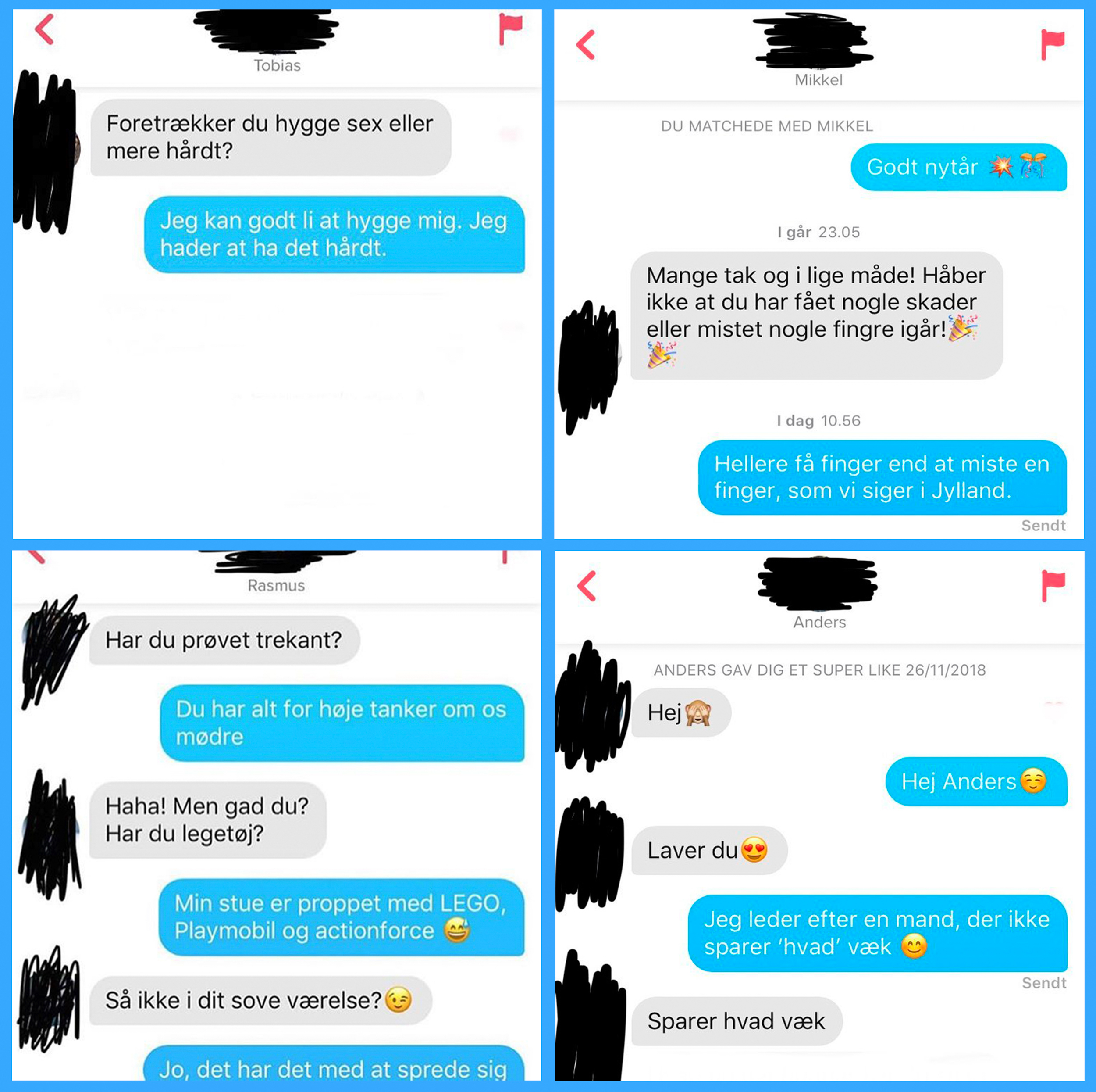 Et sammensat billede med fire screenshots fra Mette Helenas samtaler på Tinder
