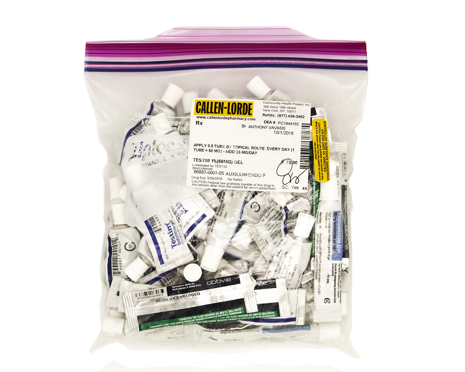 A Ziploc bag full of testosterone tubes