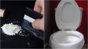 Tarjeta de crédito que se usa para dividir cocaína, y un retrete.