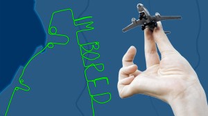 Hand hält Flugzeug über einer Karte mit Penissen