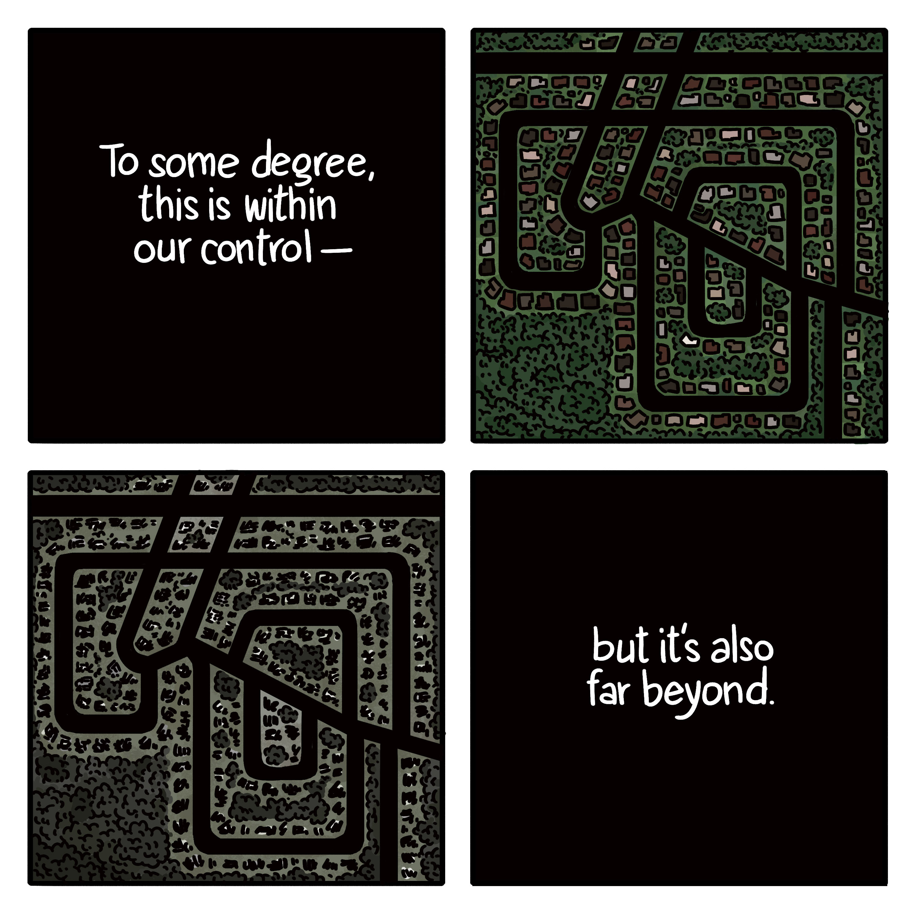 Illustration: a suburban housing development from an overhead perspective, one during the day and one during at night, with the text