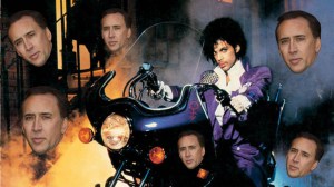A collage of Prince on a motorcycle and Nic Cage's face