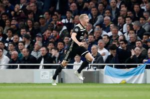 Ajax player Donny van de Beek celebrating the win against Spurs