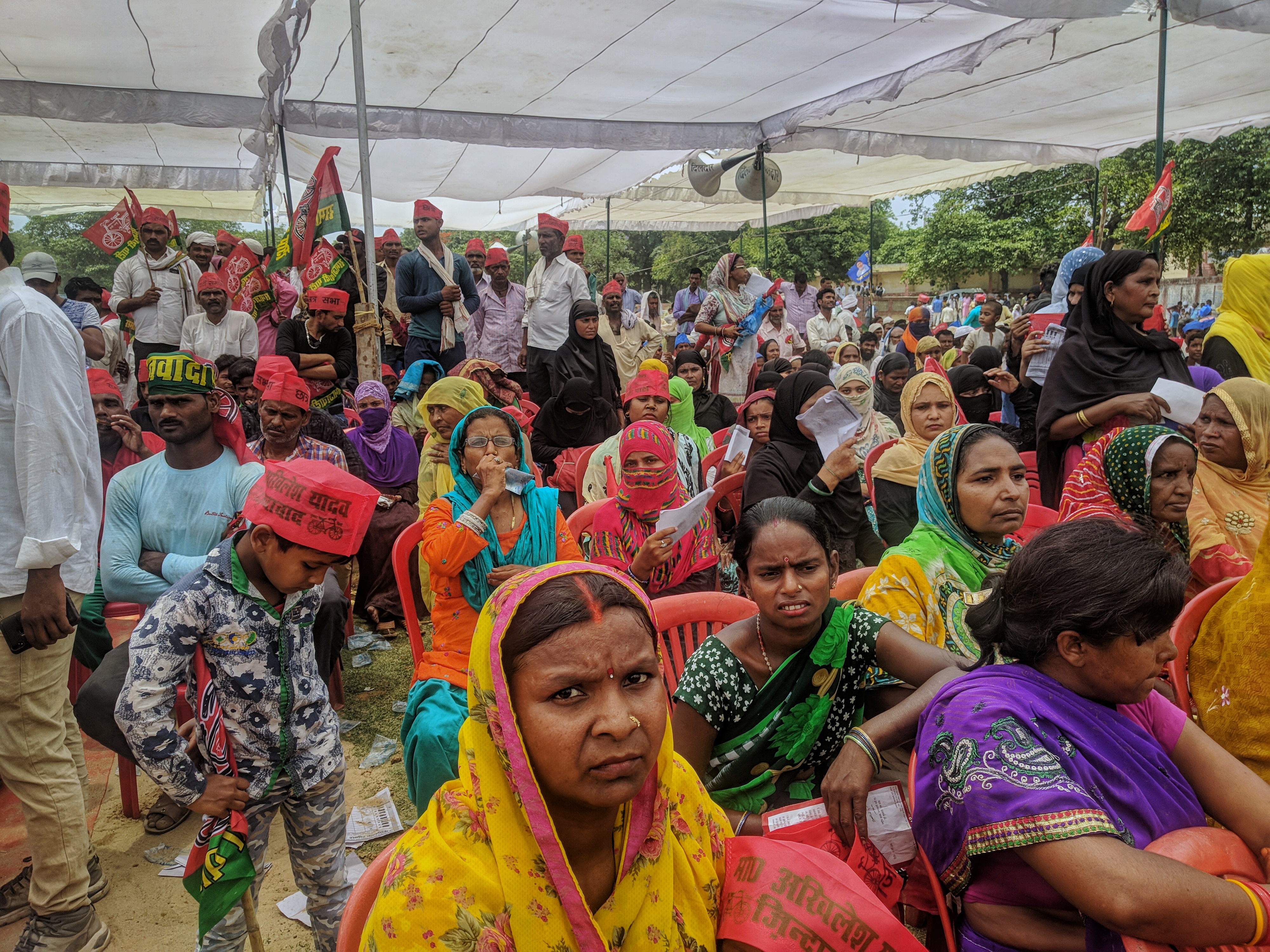People attend a rally in Uttar Pradesh's Bahraich