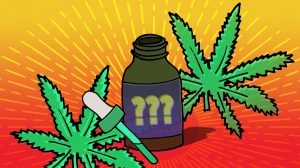 Eine Flasche mit CBD-Öl zwischen Hanfblättern