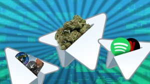Telegram-Papierflieger mit Gras, Netflix-Account und Kinofilmen, symbolisch für den Schwarzmarkt auf Telegram