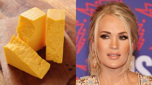 a split screen image of three blocks of cheddar cheese on a wooden cutting board next to a picture of singer carrie underwood