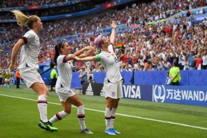 Megan Rapinoe celebrates scoring a penalty in the World Cup final.