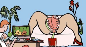 vrouw met benen wijd op bed met vleesetendeplant voor haar kruis