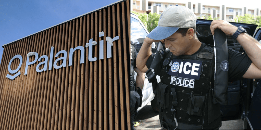 Palantir pavilion and ICE officer.