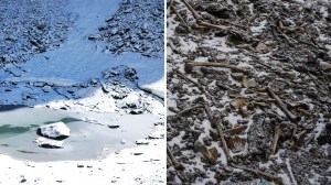 Roopkund Lake mit Schnee bedeckt, Detailansich der menschlichen Knochen