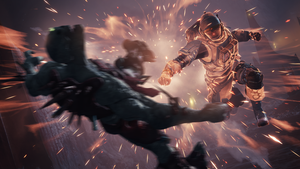 Screenshot from Destiny 2: Shadowkeep, A Titan, armor glowing orange,  performs a finisher, punching a Hive enemy in mid-air