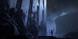 Against a midnight blue sky in an impossible floating landscape, a lone feminine figure stands against a column of strange purple basalt in Control by Remedy Entertainment