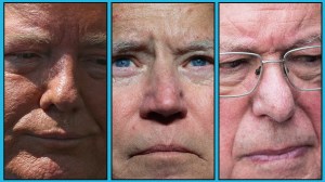 A collage of close-ups of Joe Biden, Bernie Sanders, and Donald Trump