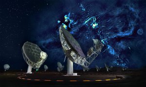 ​MeerKAT radio telescope in foreground, concept art of radio bubbles in background. Image: SARAO/Oxford/NRAO