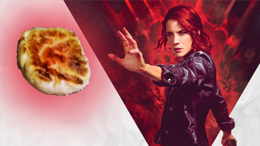 Key art from Control, Red haired, leather jacket wearing protagonist Jesse reaches out to a floating "Krummets," a failed english muffin that looks akin to an arepa