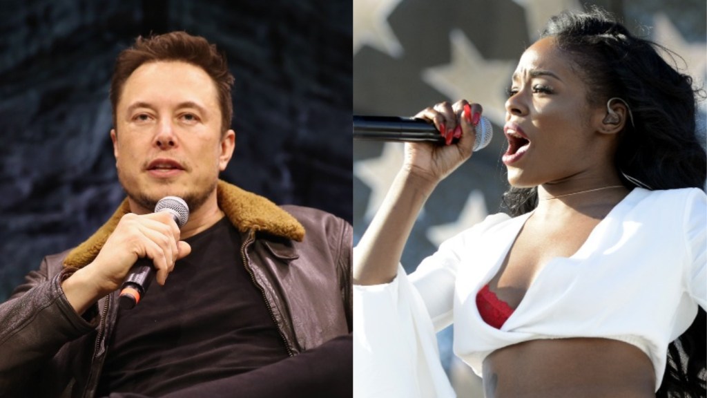 Elon Musk and Azaelia Banks holding microphones in their hands