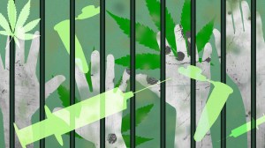 Drogen im Gefängnis: Eine Collage Händen und Drogenzubehör