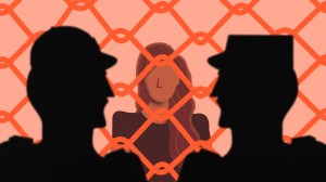 lustration of two guards looking at a woman through a chain link fence