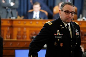 Lt. Col. Alexander Vindman, National Security Council Director for European Affairs takes a break as he testifies during a hearing before the House Intelligence Committee in the Longworth House Office Building on Capitol Hill November 19, 2019 in Washingt