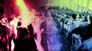 Links Party im Club, rechts Lernen im Hörsaal