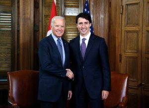Prime Minister Justin Trudeau meets with U.S. Vice President Joe Biden on Parliament Hill in Ottawa on Friday, Dec. 9, 2016.
