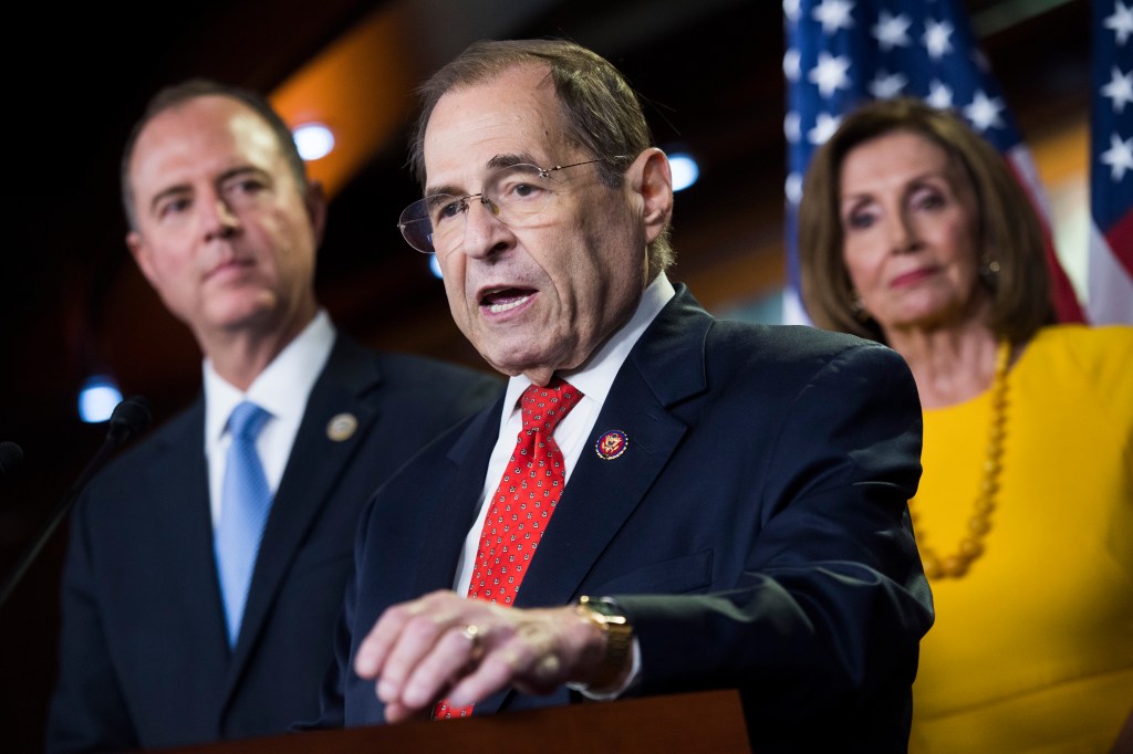 From left, House Intelligence Committee Chairman Adam Schiff, D-Calf., Judiciary Chairman Jerrold Nadler, D-N.Y., and Speaker Nancy Pelosi, D-Calif., conduct a news conference on the testimony of former special counsel Robert Mueller on his investigation