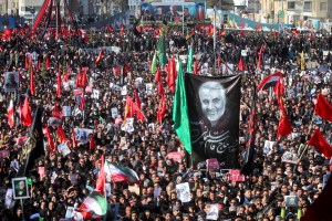 Mourners attend a funeral ceremony for Iranian Gen. Qassem Soleimani and his comrades, who were killed in Iraq in a U.S. drone strike on Friday, in the city of Kerman