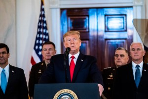 President Donald J. Trump address to the nation from the Grand Foyer at the White House on Wednesday, Jan 08, 2020 in Washington, DC.