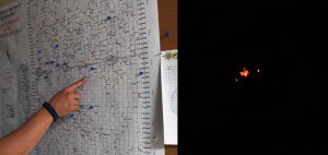 Hand points to drone sighting documentations (left) and three lights in the sky (right).