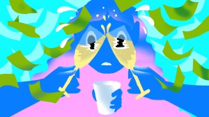 Illustration of two arms in silhouette clinking Champagne glasses in front of a person drinking water, as money rains down around them