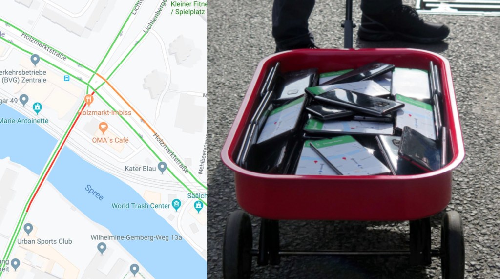Esse cara cria congestionamentos no Google Maps usando um carrinho cheio de celulares