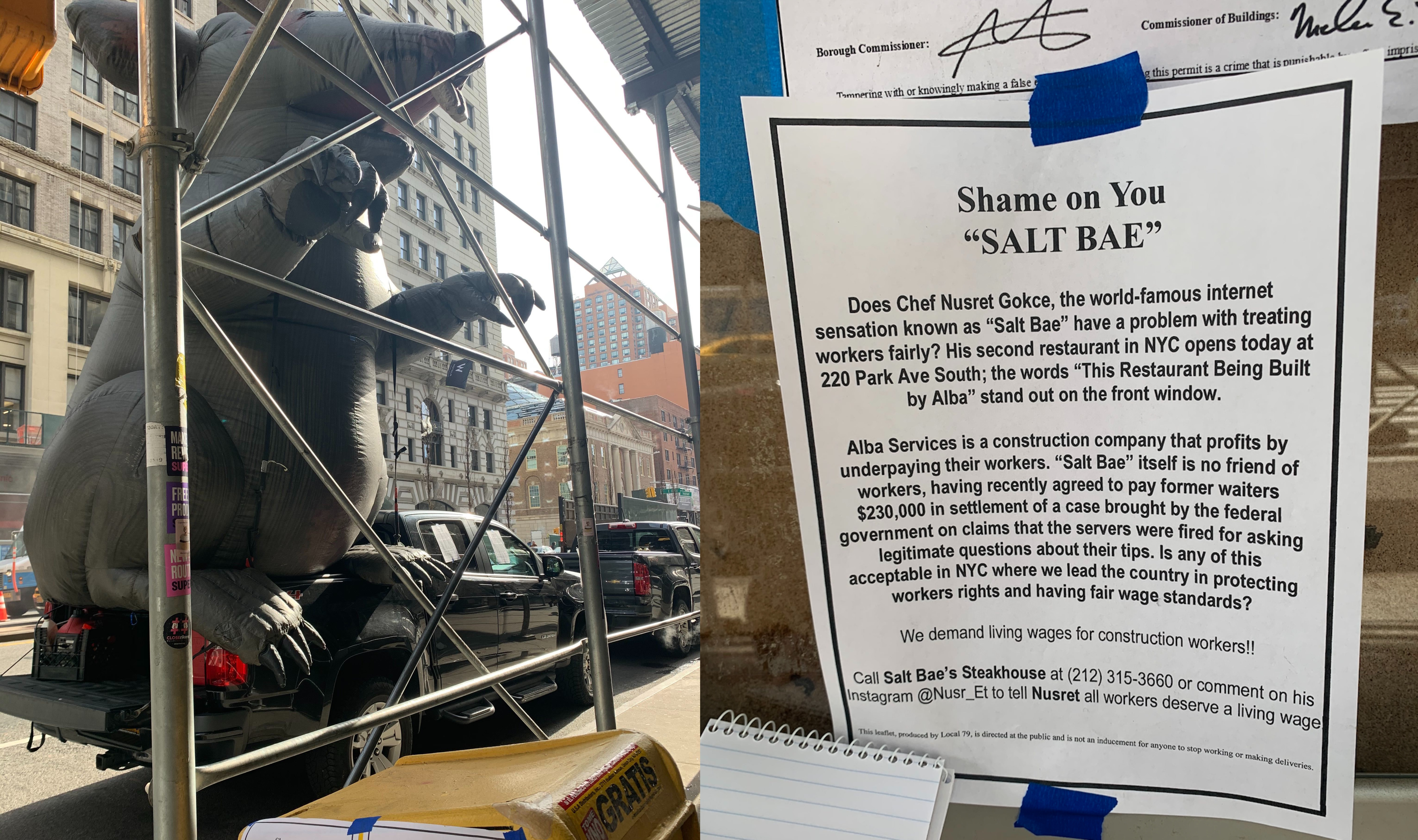 Scabby, the giant inflatable rat; the union protestors' sign